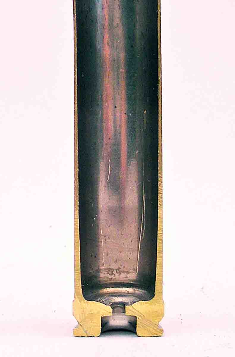 The interior web in the head of this Winchester .300 Winchester Magnum case extends up to support the forward edge of the exterior belt.